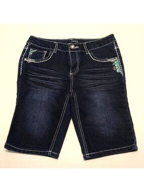 Squeeze Girls Denim Bermuda Shorts Size 14 Embroidered Details & Beaded Pockets